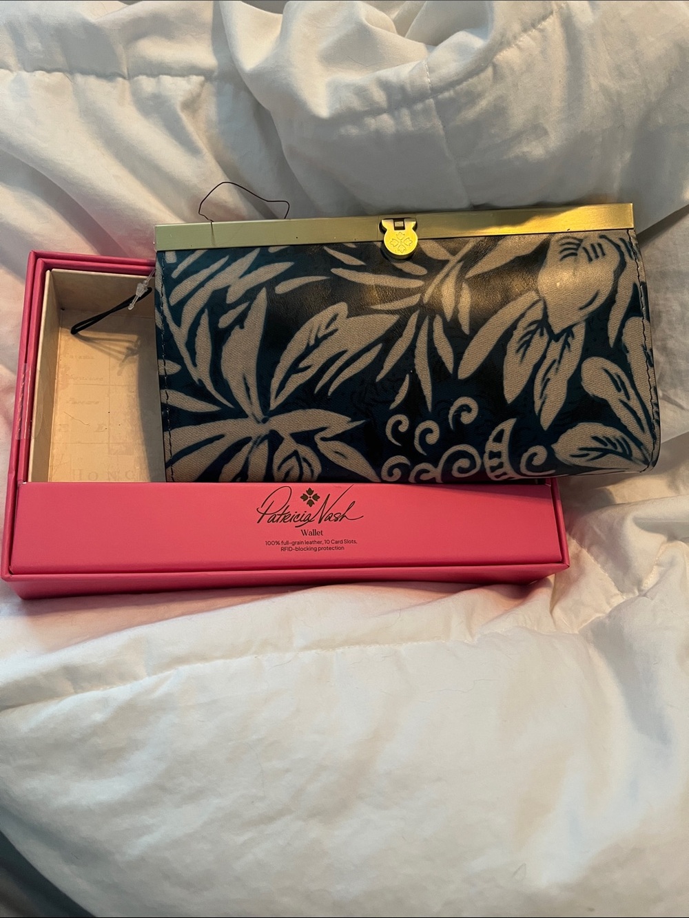 Patricia Nash Navy and Cream Floral Frame Wallet with Gold Trim